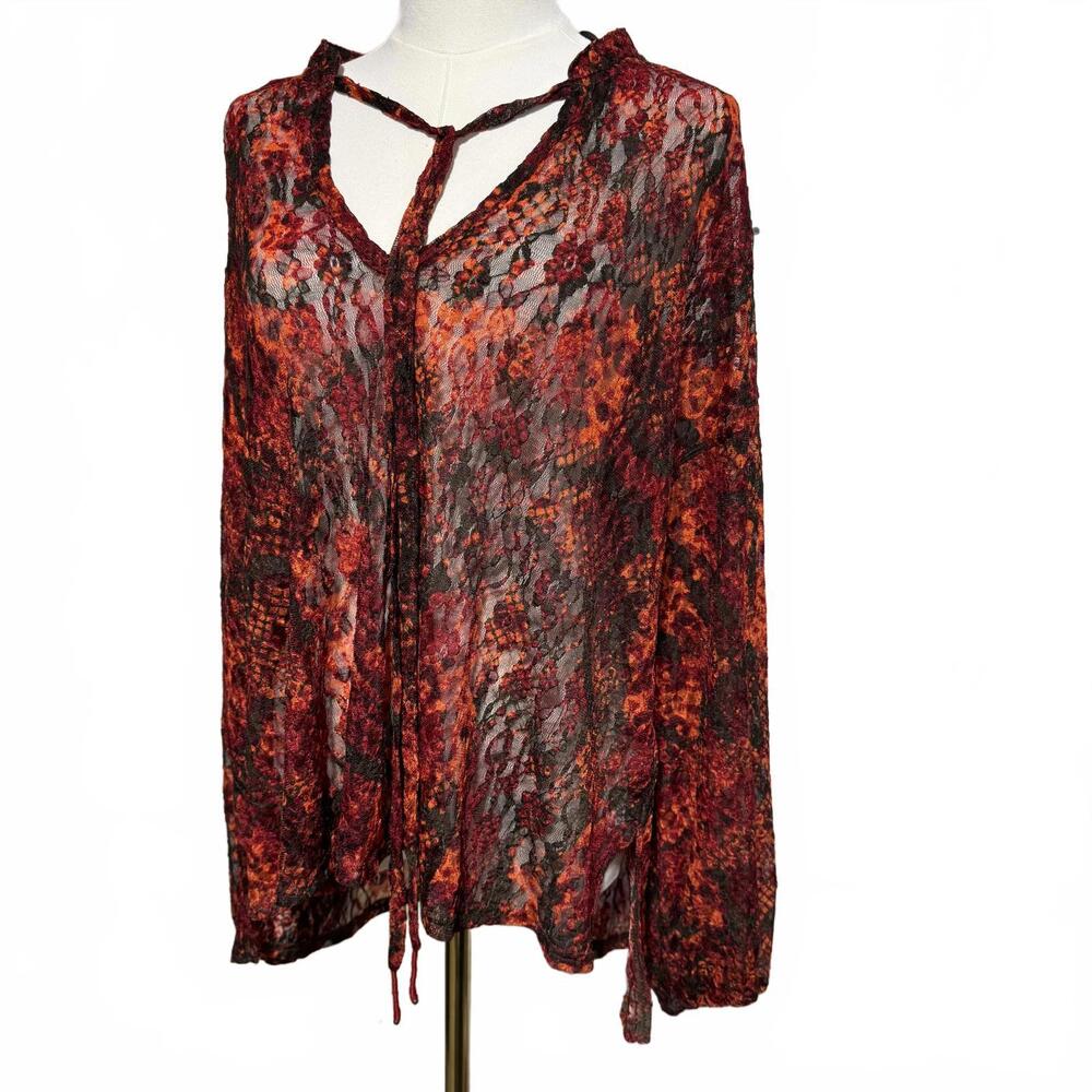 Free People Sheer Floral Lace Tie-Neck Blouse in Red and Black